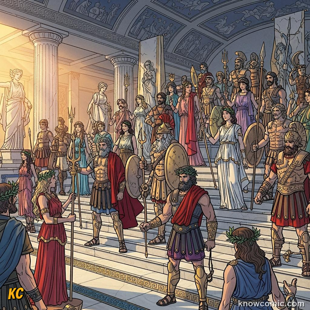 The twelve Olympian gods gathered as the Greek pantheon