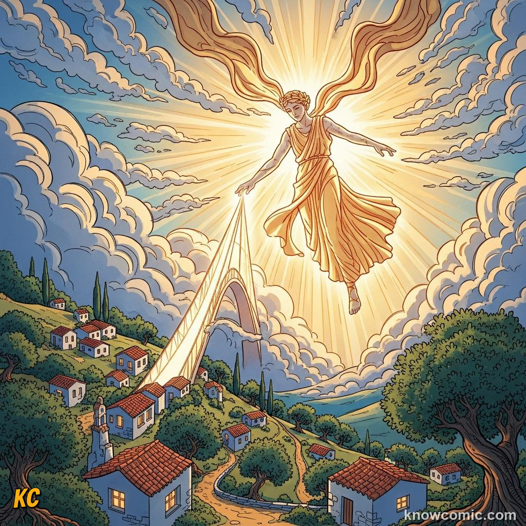 A god standing beside a mortal, showing the divine-human connection