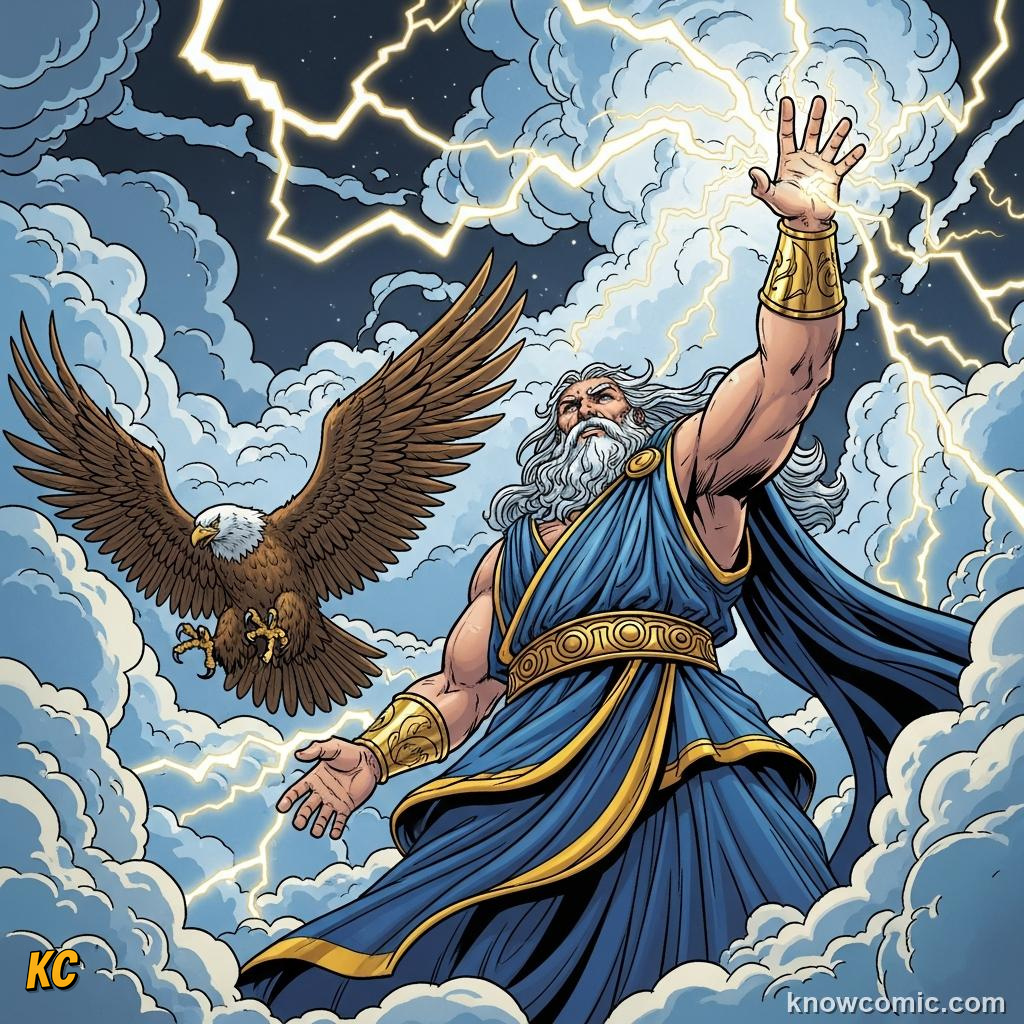 Zeus hurling a lightning thunderbolt from the sky