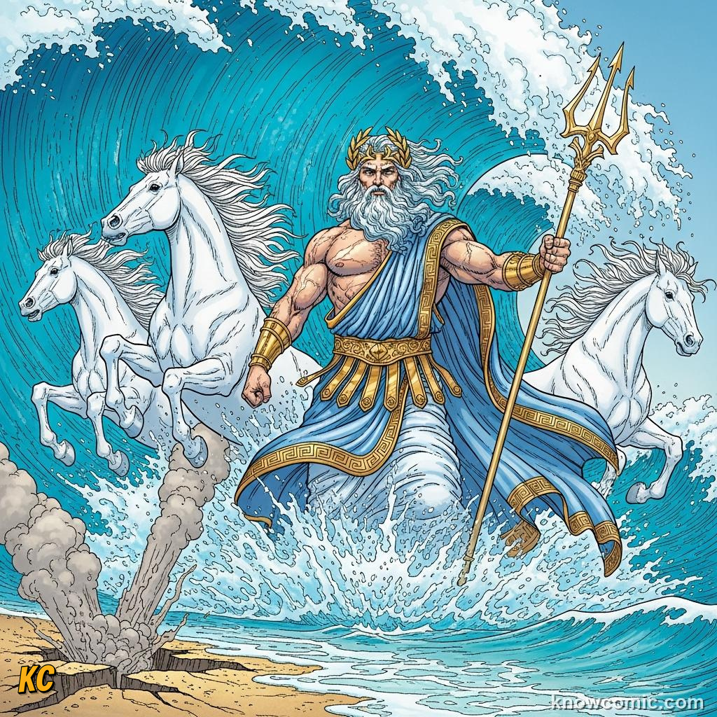 Poseidon raising his trident over the ocean waves