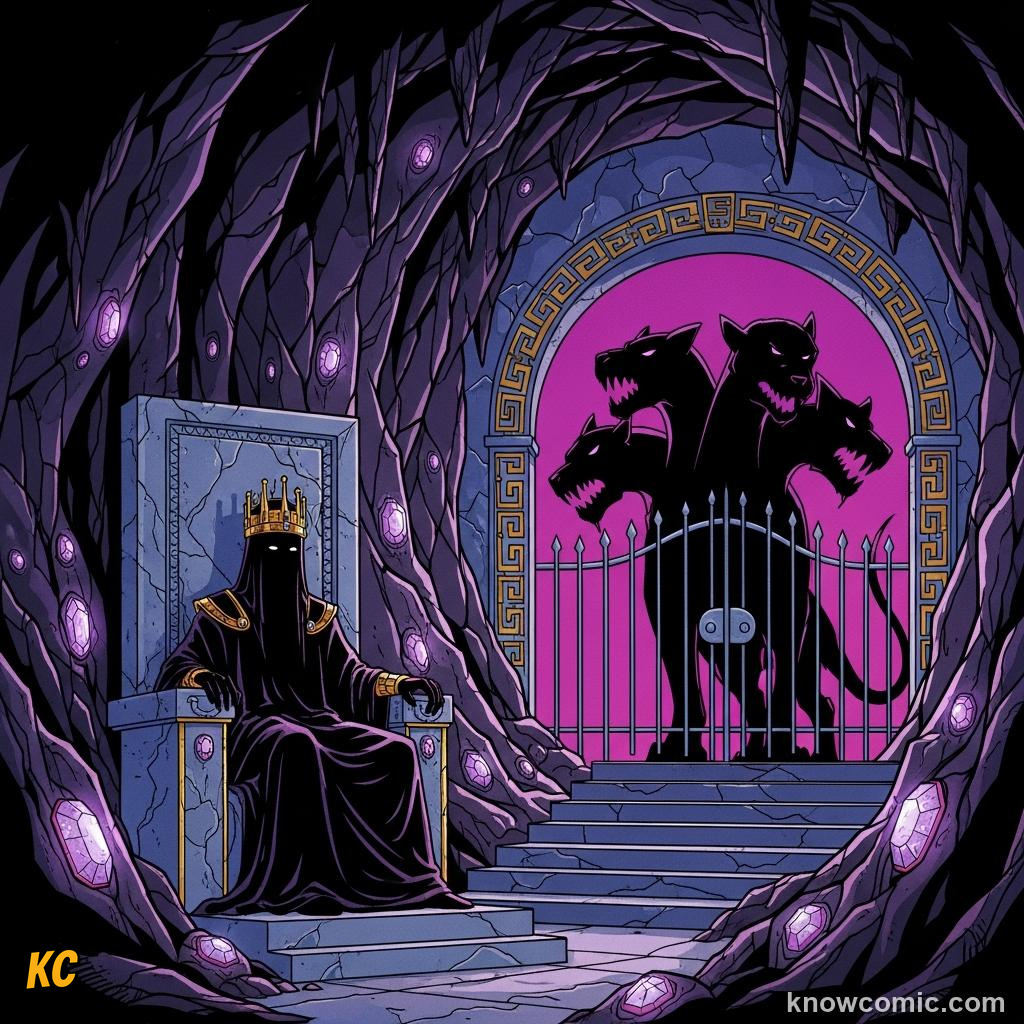 Hades seated on a throne in the dark underworld