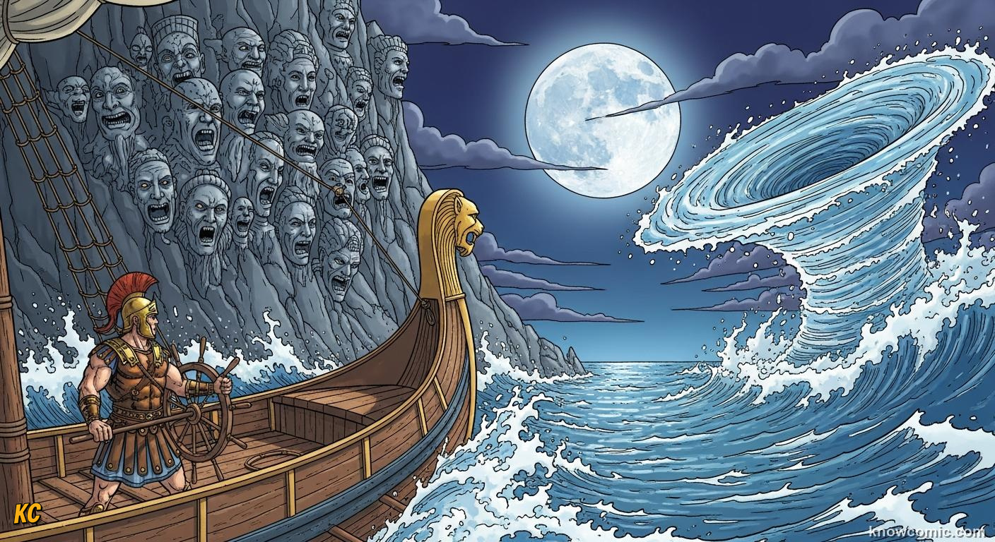 Odysseus sailing across stormy seas on his long voyage home