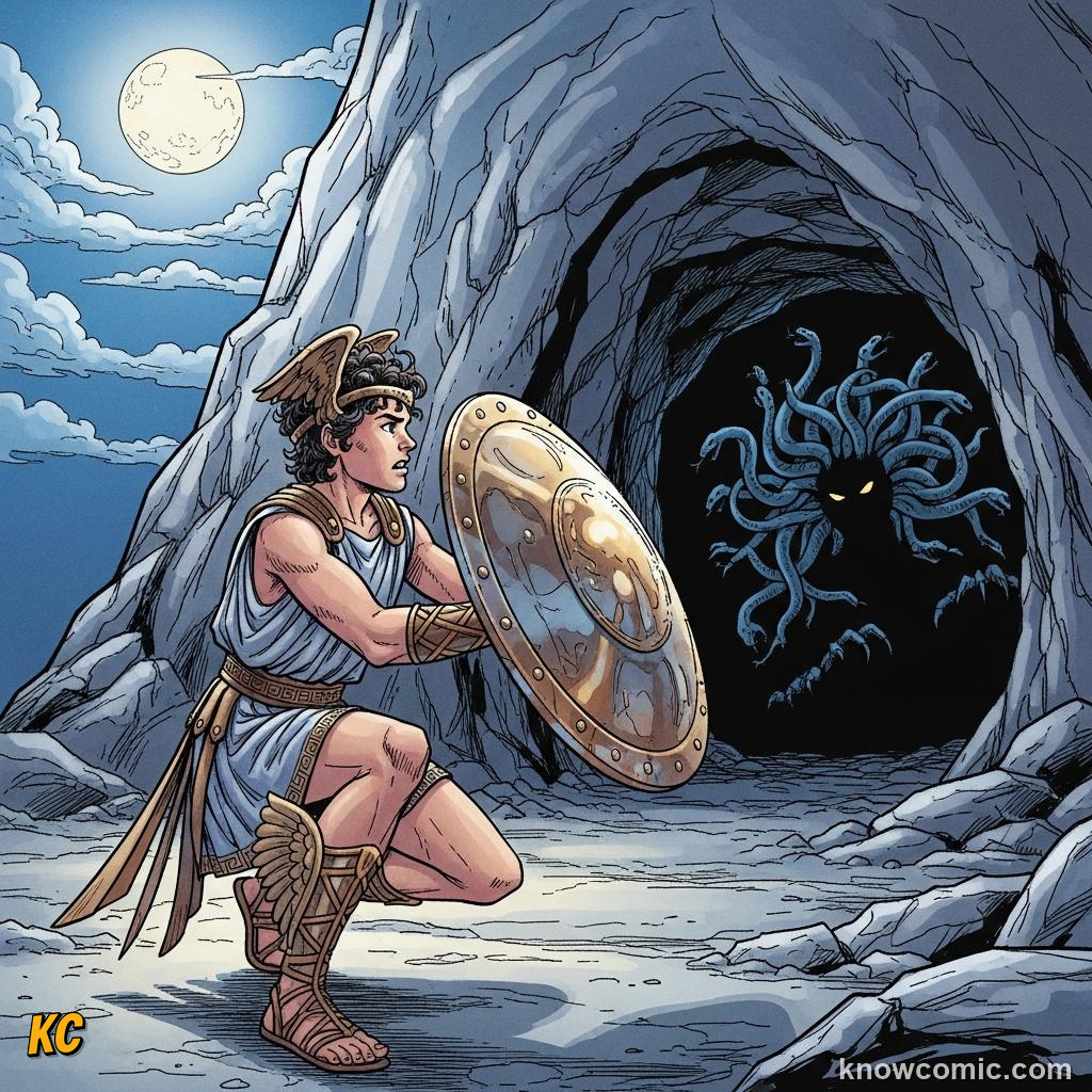 Perseus holding a mirrored shield to avoid Medusa's gaze