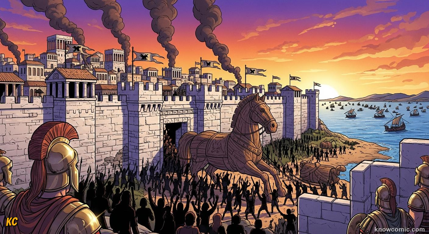 The wooden horse and a golden apple outside the walls of Troy