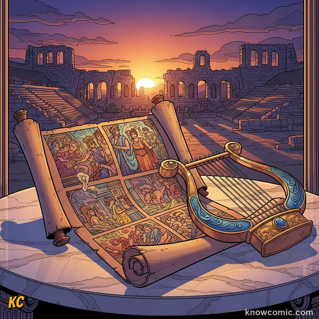 Homer's epic poems depicted as scrolls representing his legacy