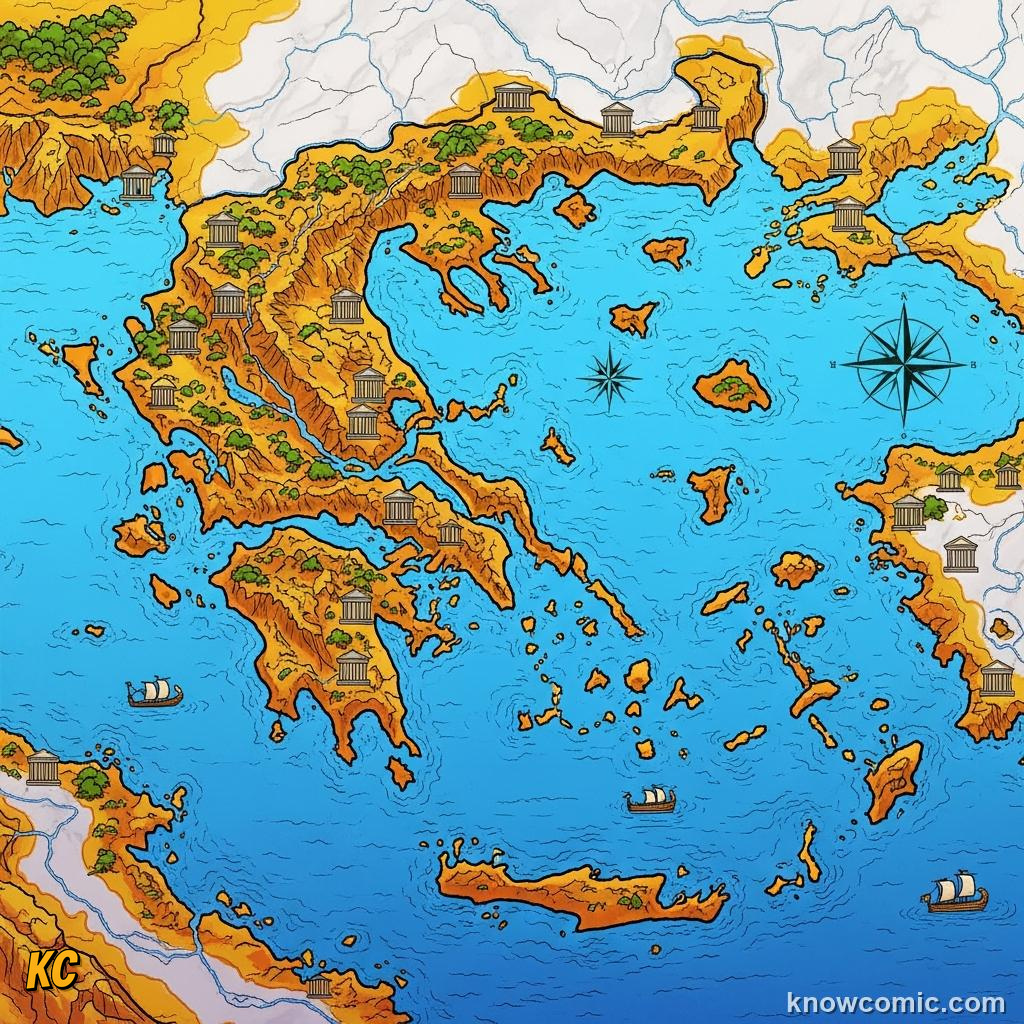 Map of the Aegean Sea showing locations from Greek myths