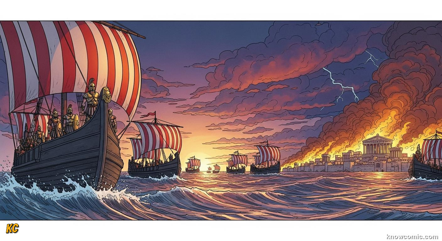 A fleet of Greek ships sailing away from the ruins of Troy