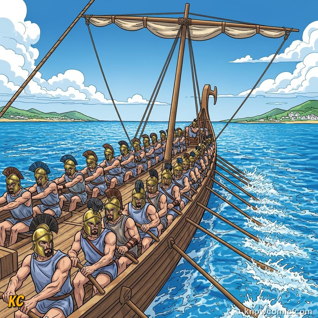 Odysseus and his crew aboard black-hulled Greek ships