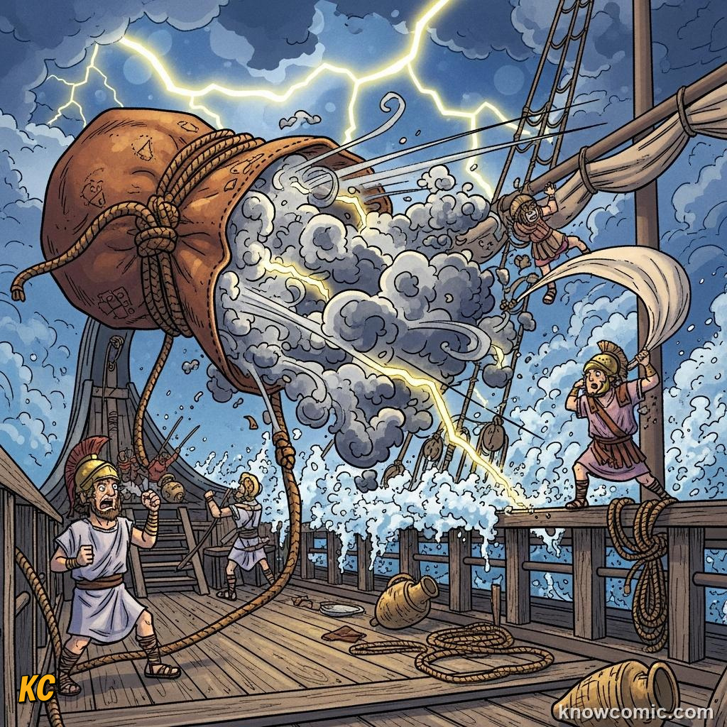 Aeolus handing Odysseus a leather sack filled with winds