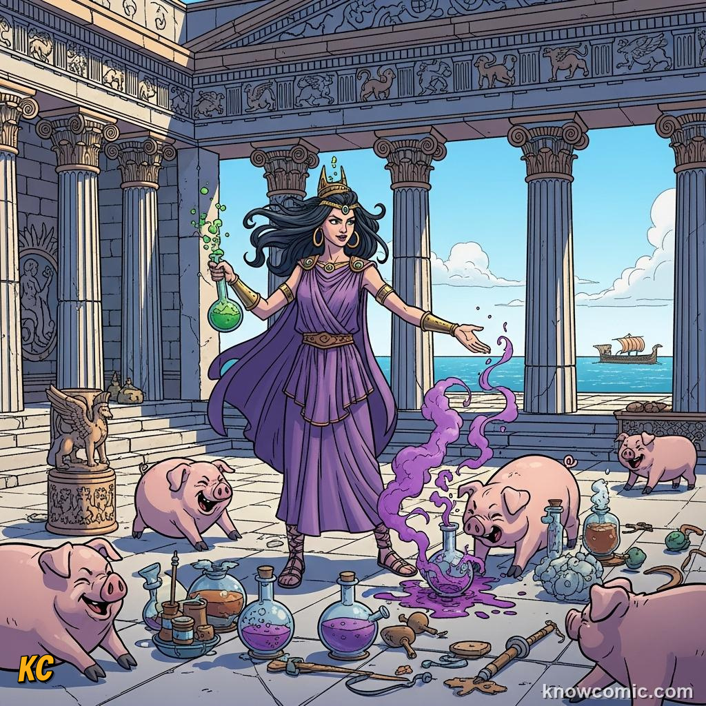 Circe waving her wand as sailors transform into pigs