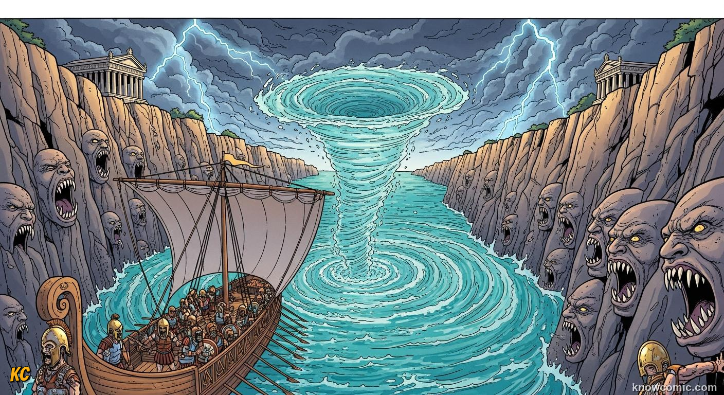 The narrow strait between the monster Scylla and whirlpool Charybdis