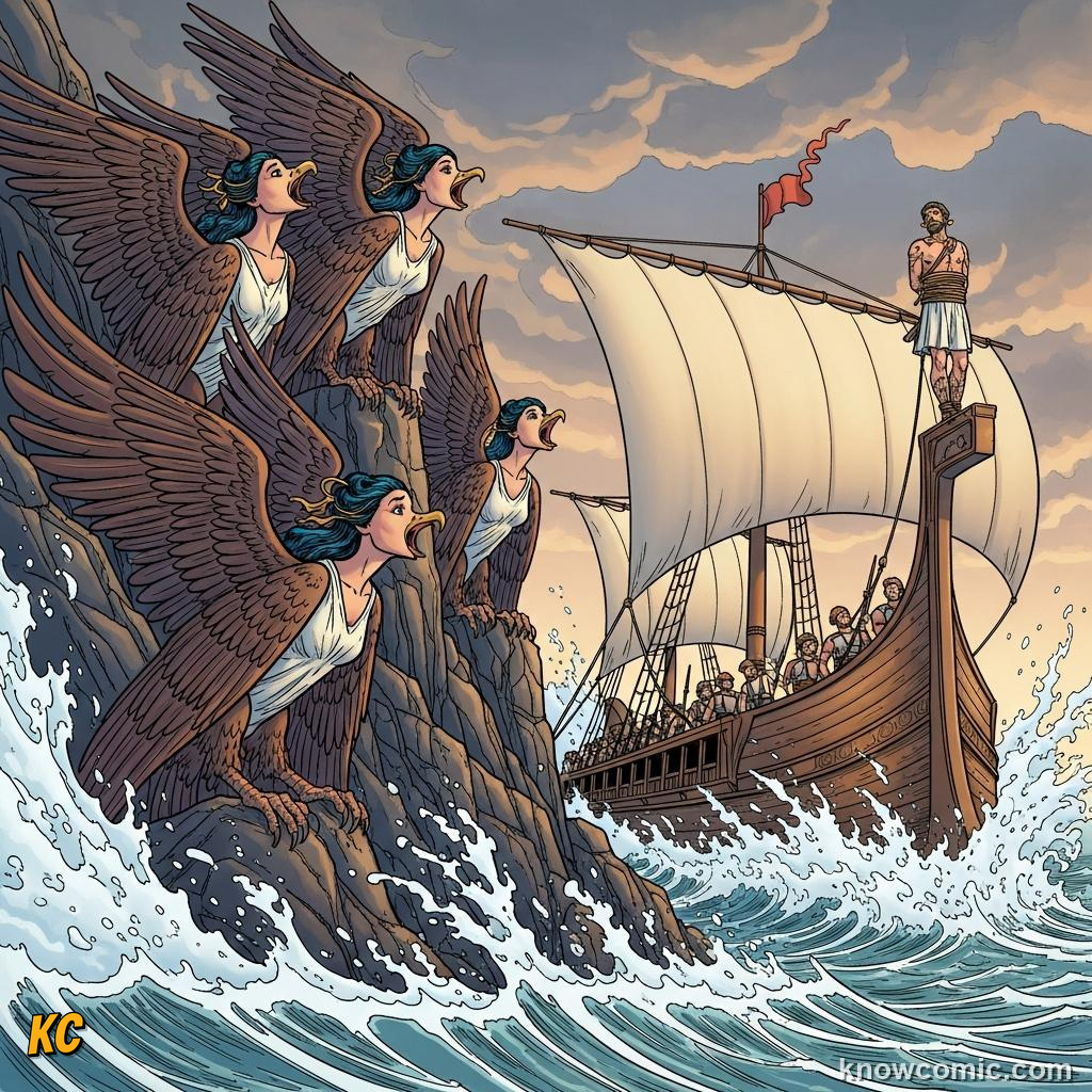 Sirens singing on rocks as sailors strain against their ropes