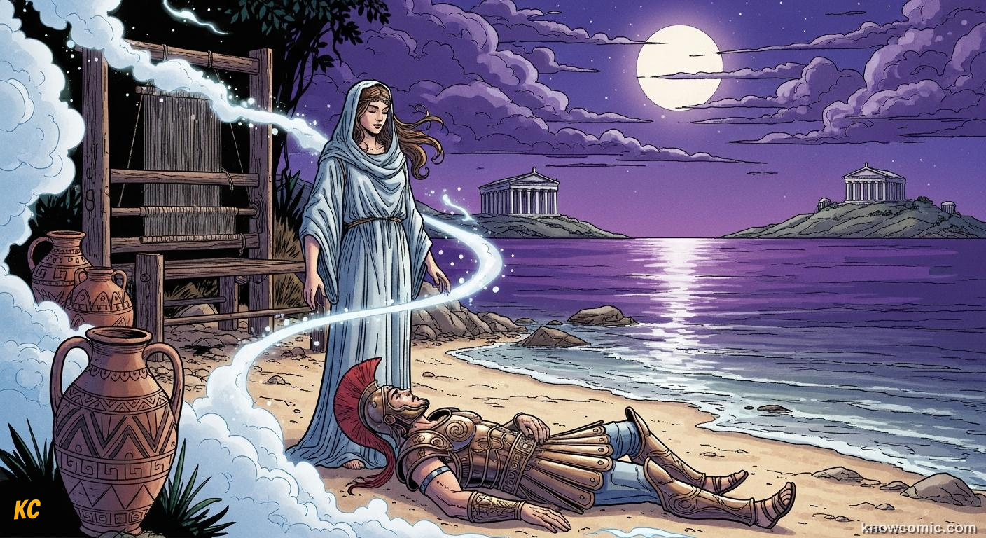 Odysseus stranded on Calypso's island surrounded by sea
