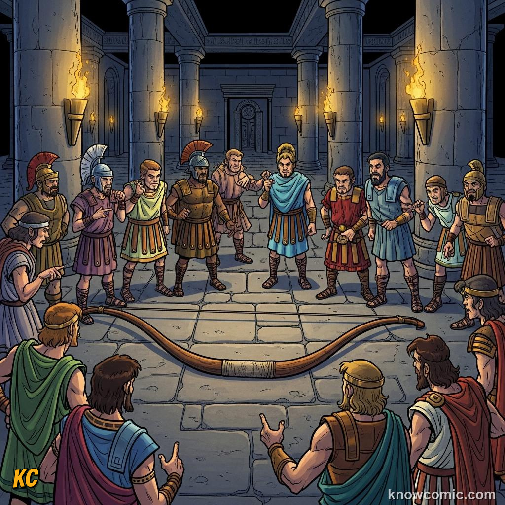 The bow contest with axes lined up for Penelope's suitors