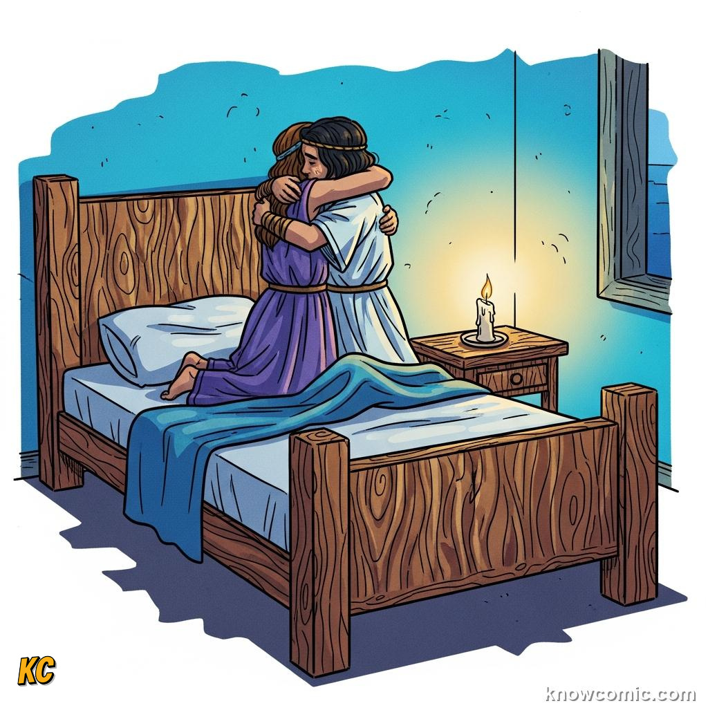 Odysseus and Penelope reunited beside their olive tree bedpost