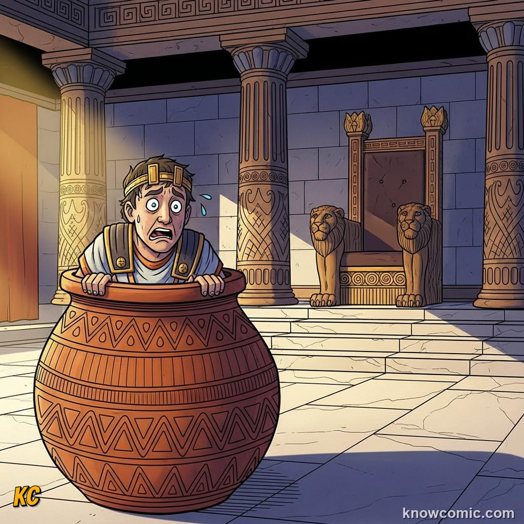King Eurystheus sitting on his throne assigning the labours