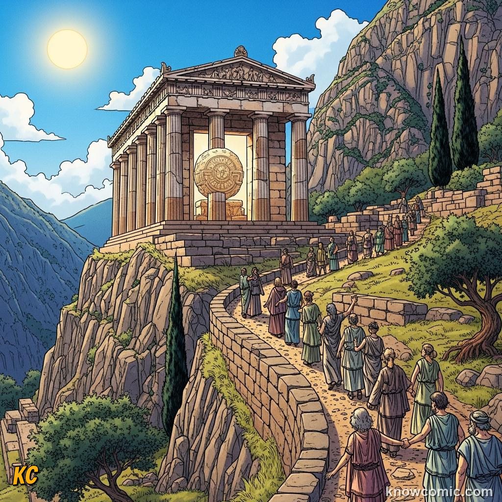 The Oracle of Delphi on a mountainside with sacred vapours