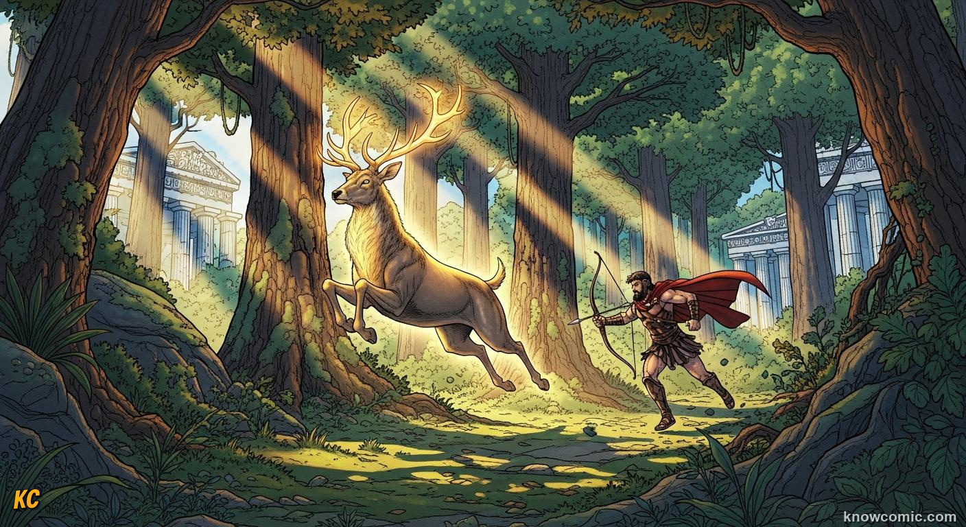 Heracles chasing the swift golden-antlered Ceryneian deer