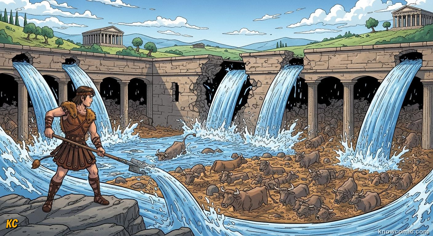 Heracles diverting a river to clean the filthy Augean stables