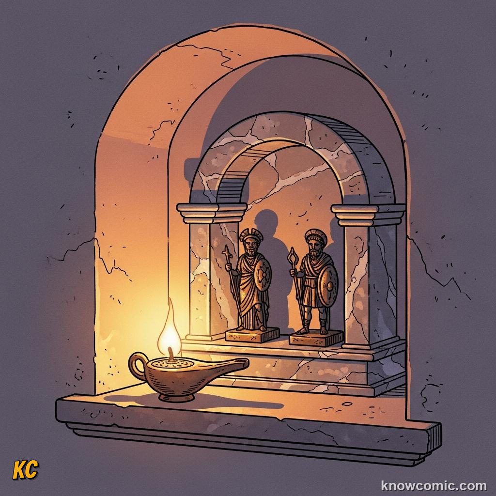 Small Lares household shrine statues guarding a Roman home