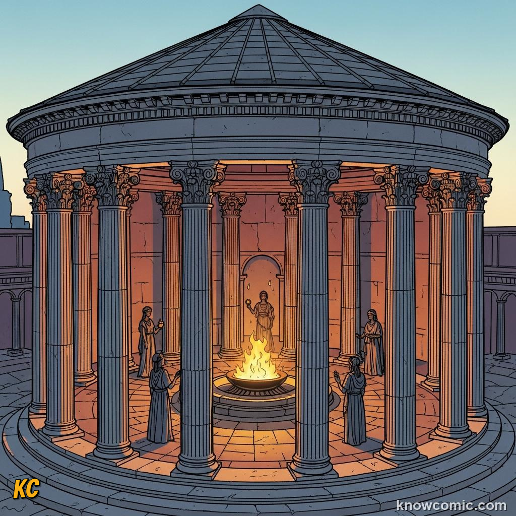 Vestal priestesses tending the eternal flame of Vesta