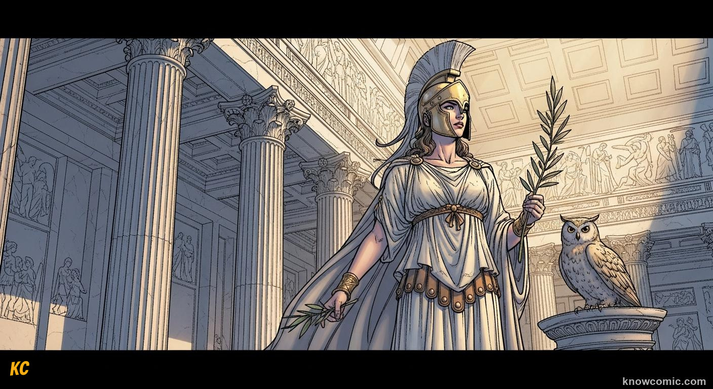 Minerva with owl and loom studying a battle map in armor
