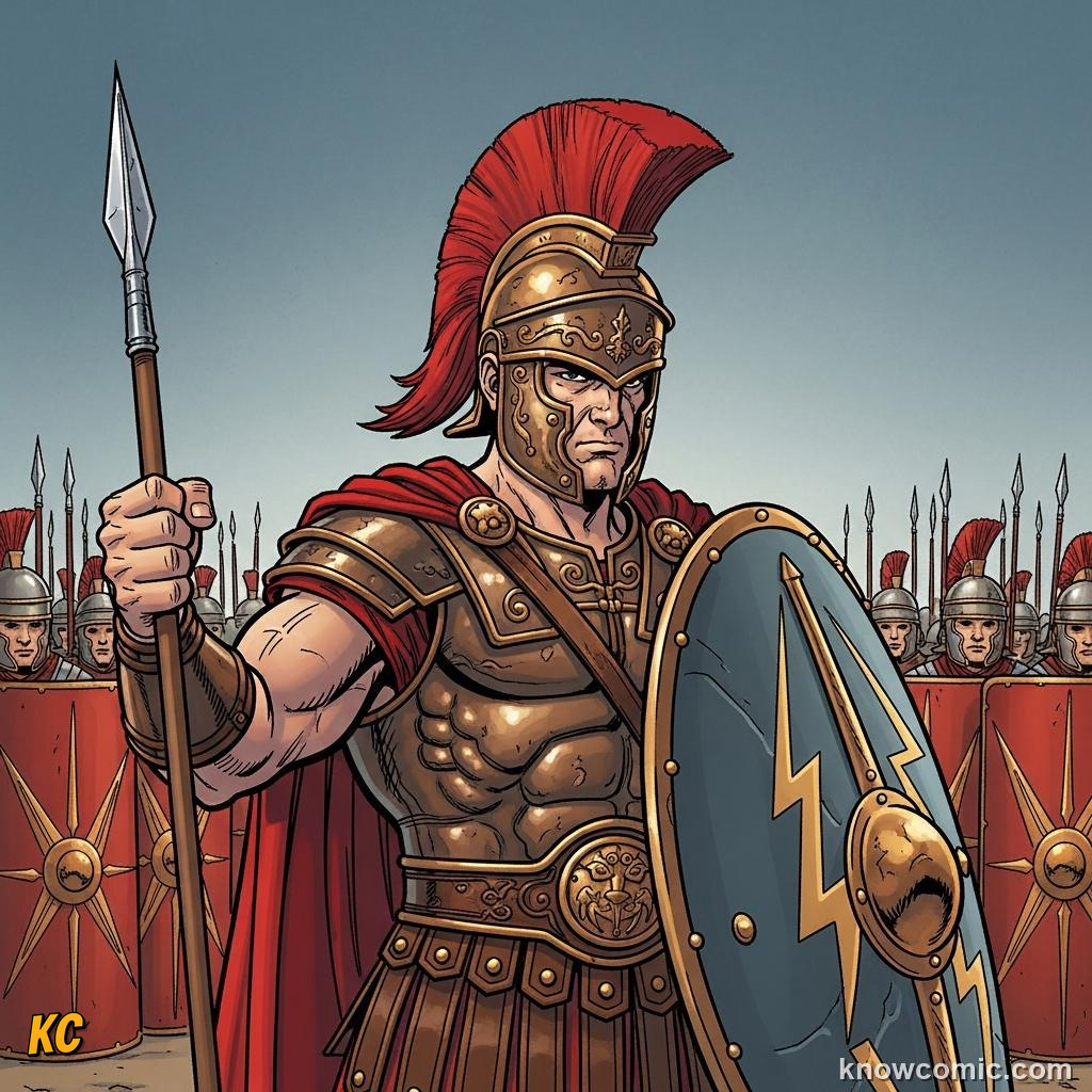 Mars the armored war god standing with a wolf beside him