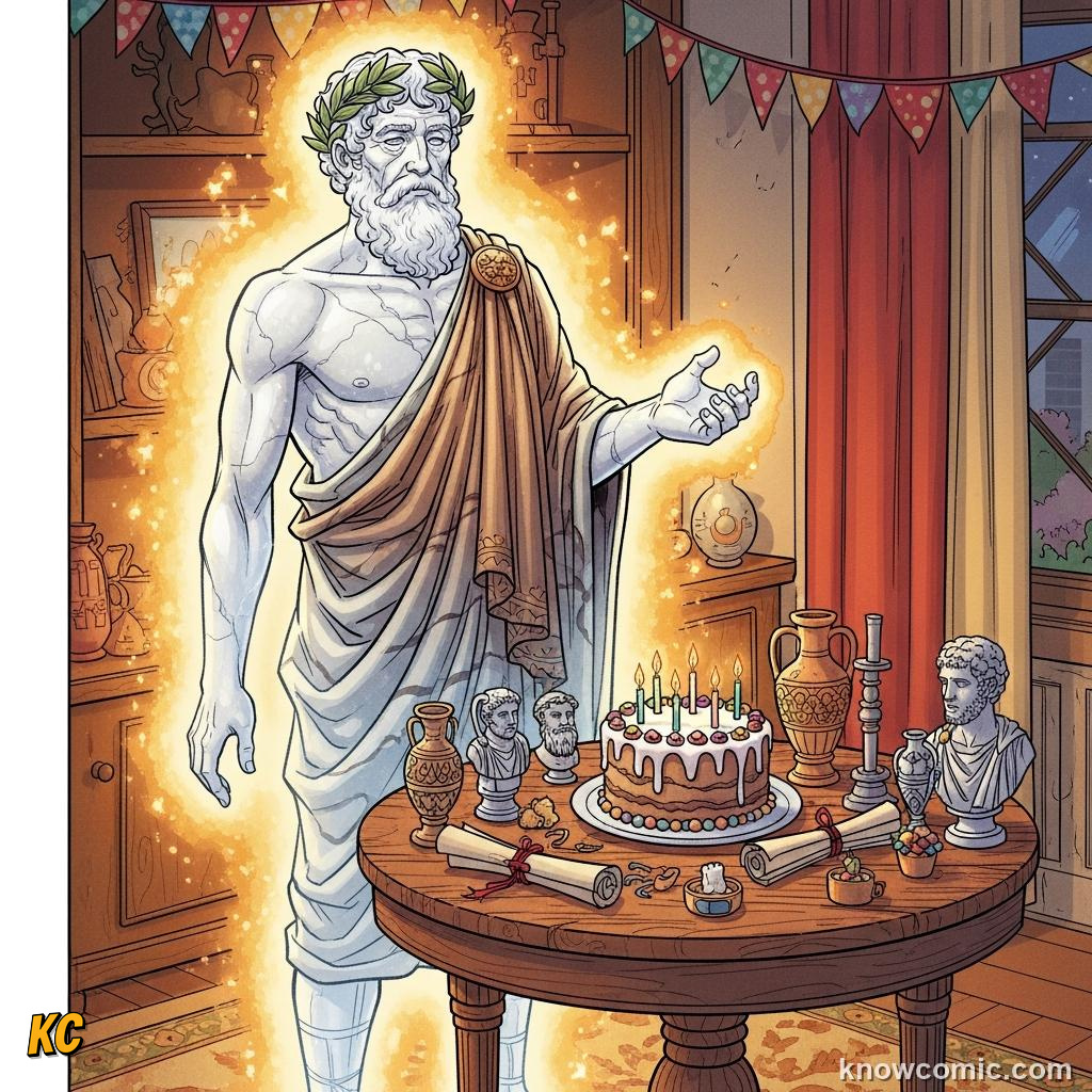 A genius spirit hovering above a birthday celebration scene