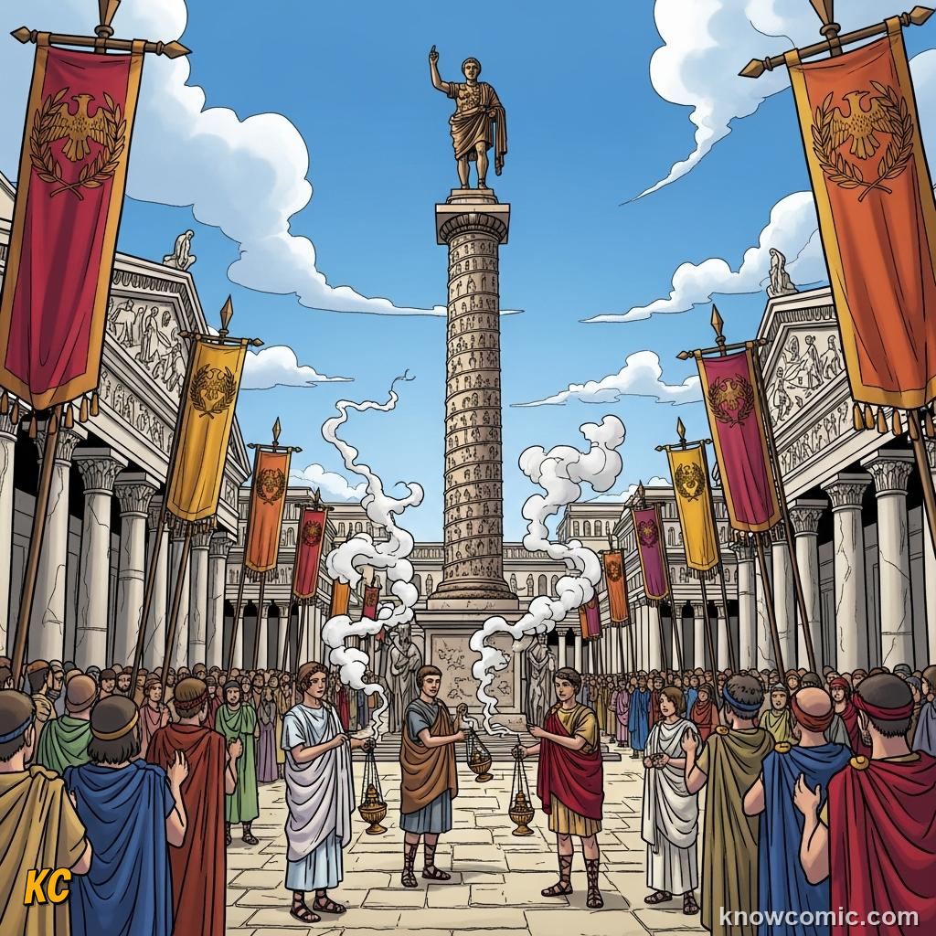 Citizens offering incense to an emperor as a divine figure