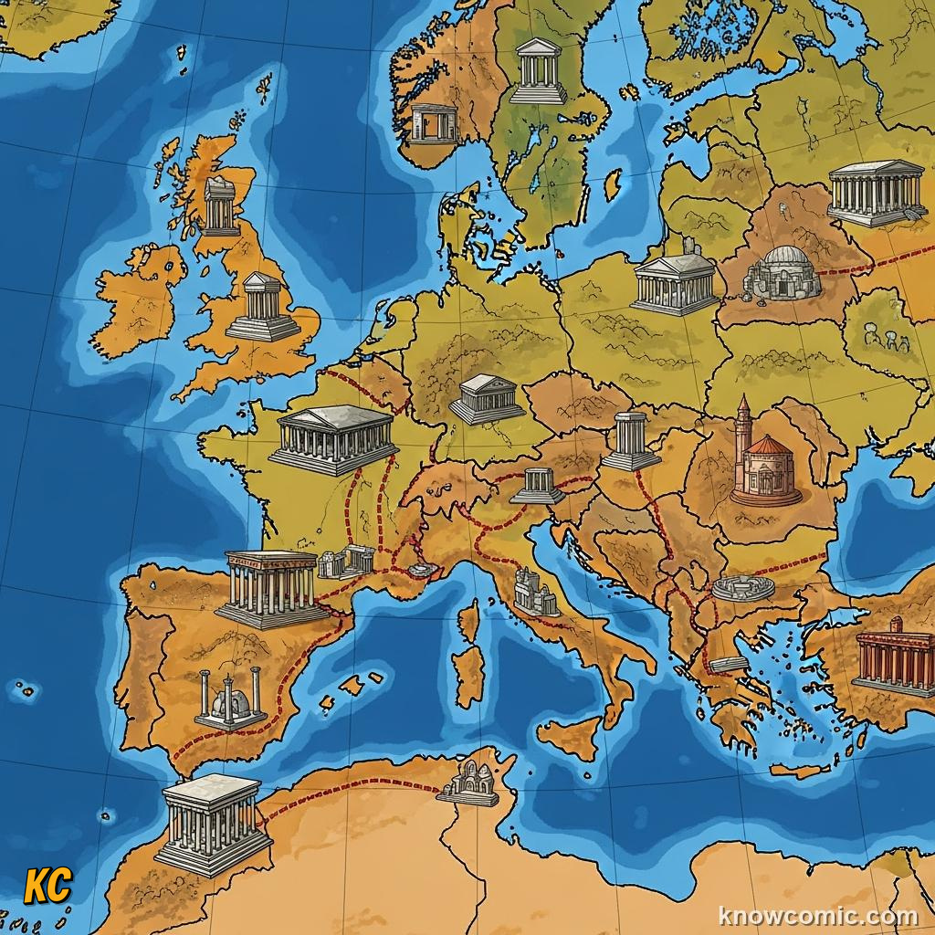 Map of the Roman empire with ruins and temples marked