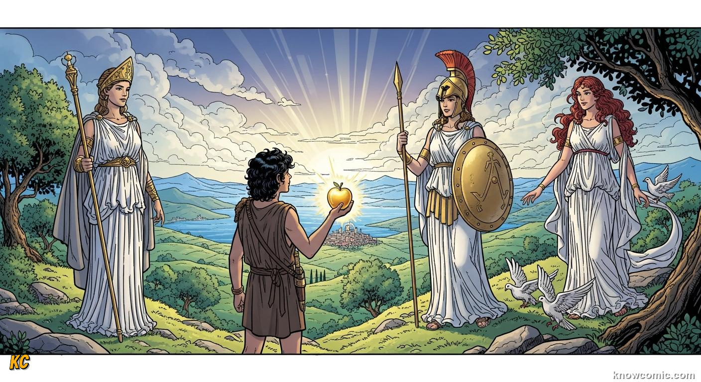 Eris tossing a golden apple toward Hera, Athena, and Aphrodite