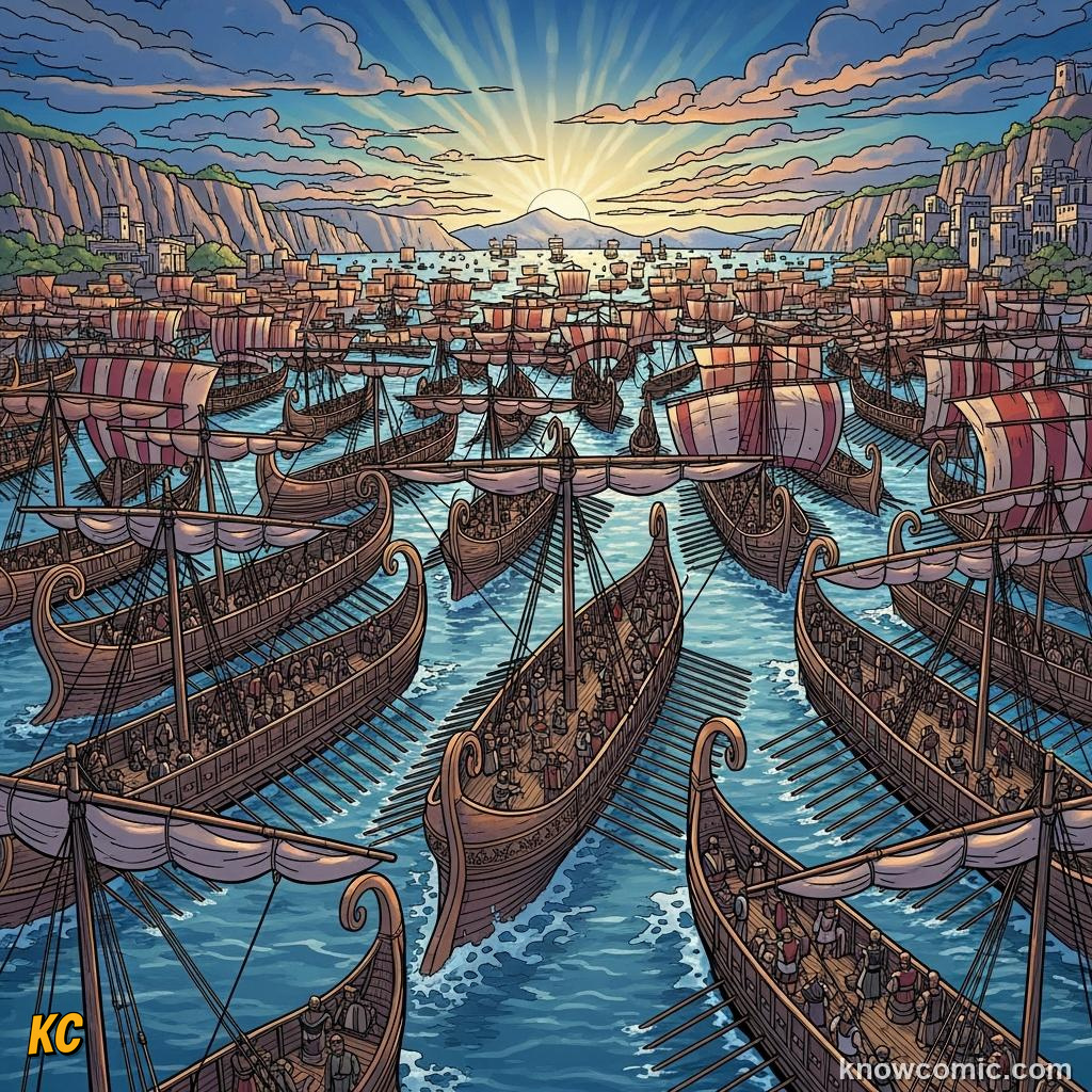 A thousand Greek ships assembled on the beach ready to sail