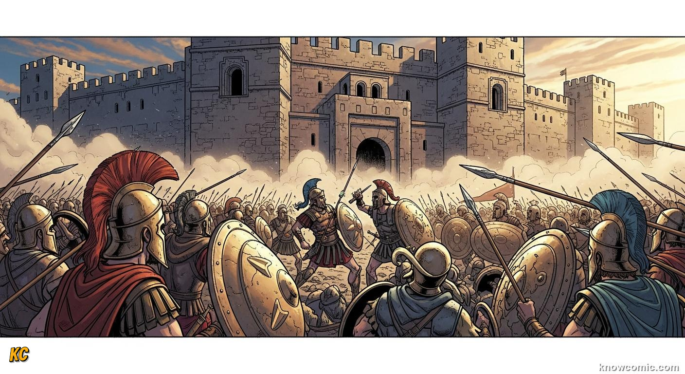 The Iliad showing warriors dueling in clouds of dust as gods watch