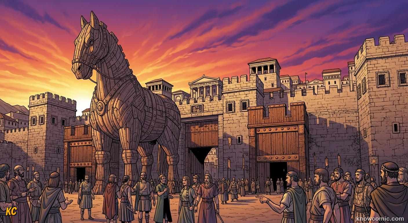 The wooden horse being wheeled through the gates of Troy