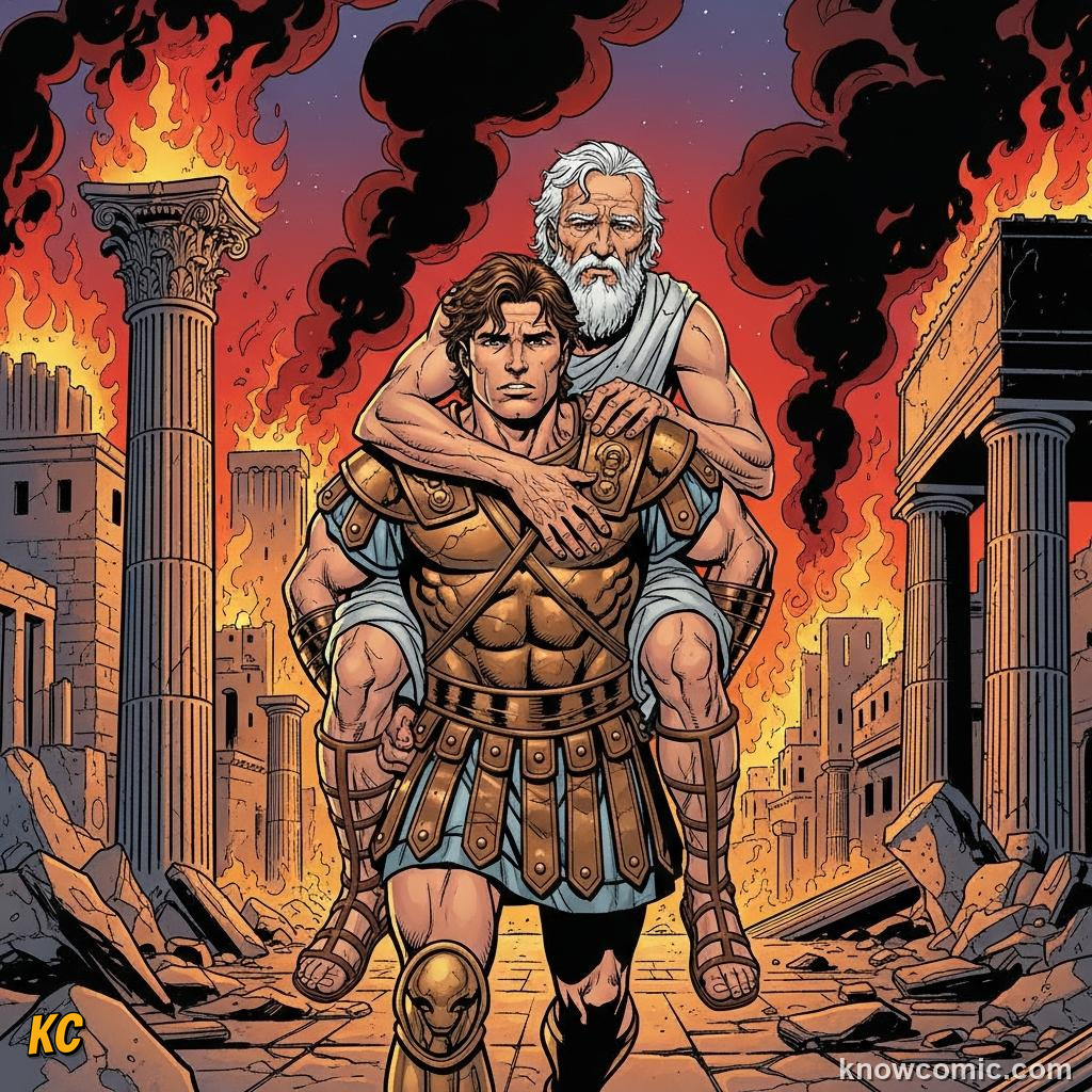 Aeneas carrying his father and leading his son out of burning Troy