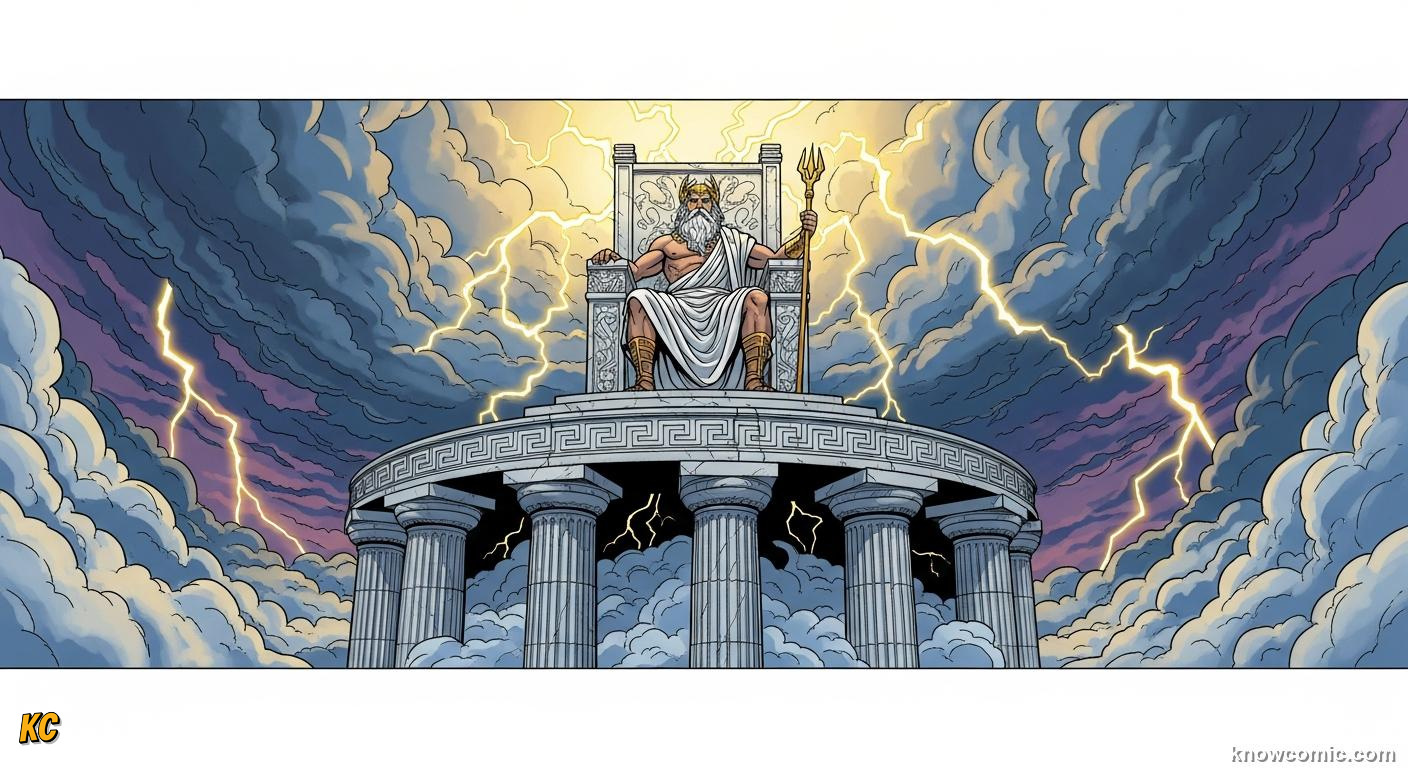 Zeus seated on his throne on Olympus with storm clouds and eagle