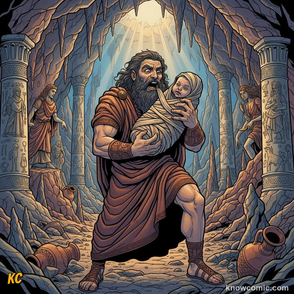 Rhea handing Kronos a stone wrapped in cloth instead of Zeus