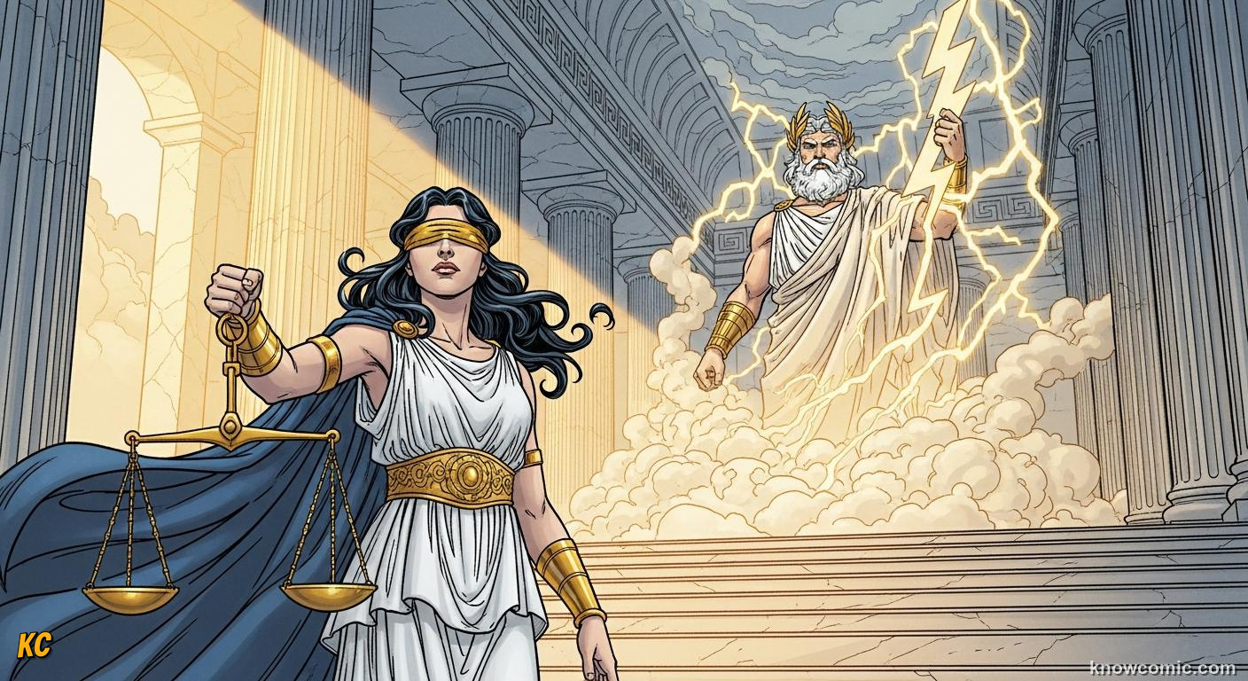 Zeus holding golden scales beside Themis the goddess of law