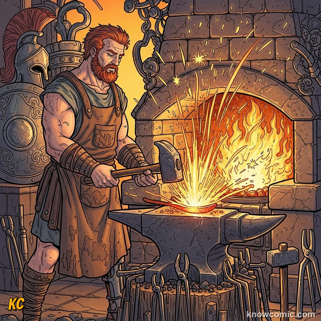Hephaestus at his forge crafting a trap throne for Hera