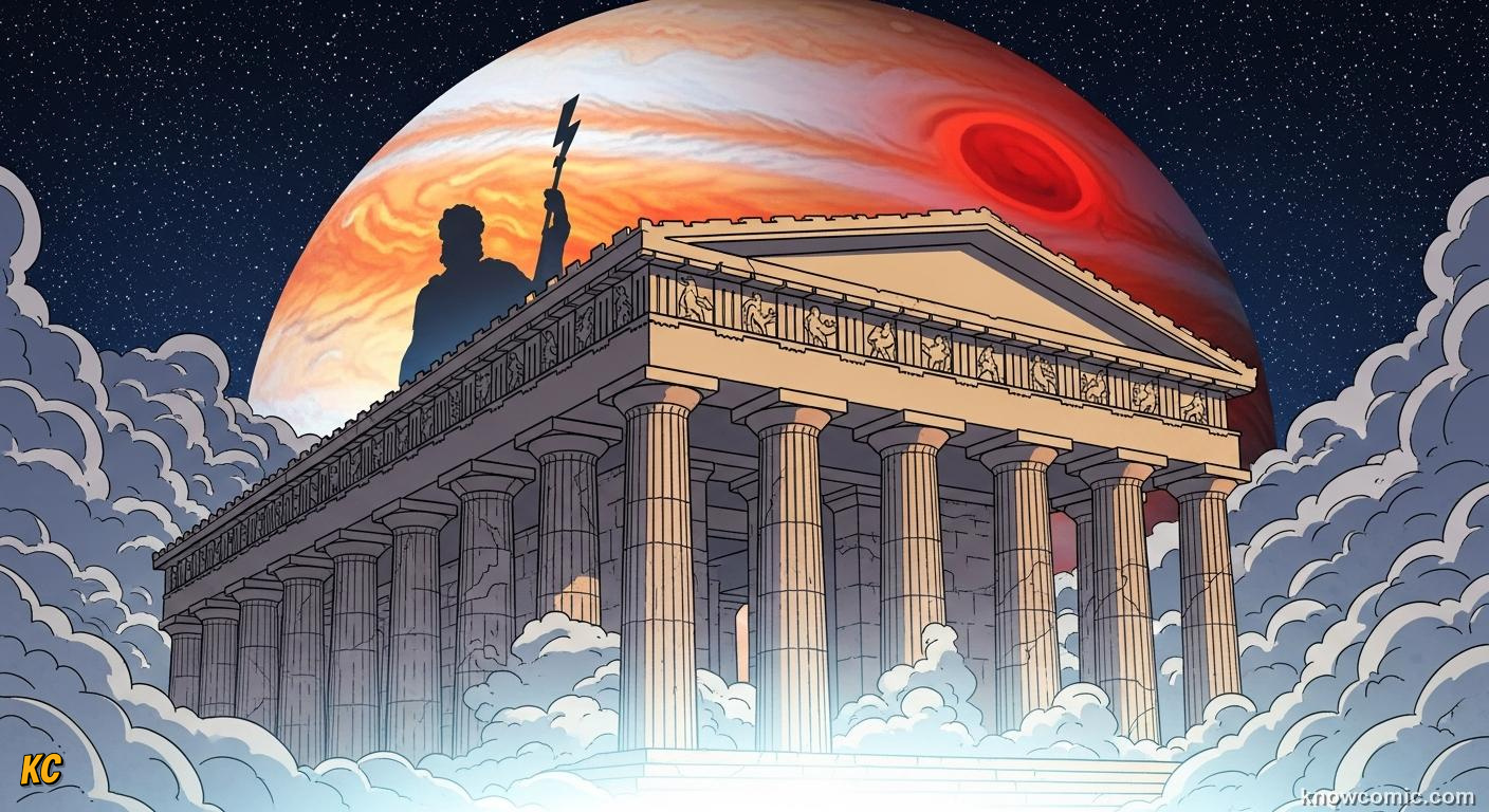 The planet Jupiter and ancient ruins representing Zeus's legacy