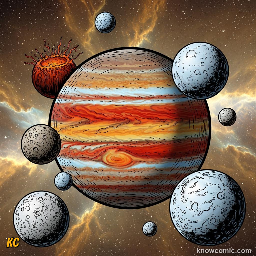 The gas giant Jupiter seen from a space probe in orbit
