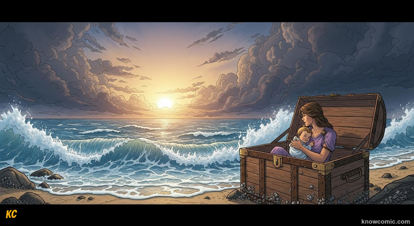 Danae and baby Perseus sealed in a chest floating on the sea