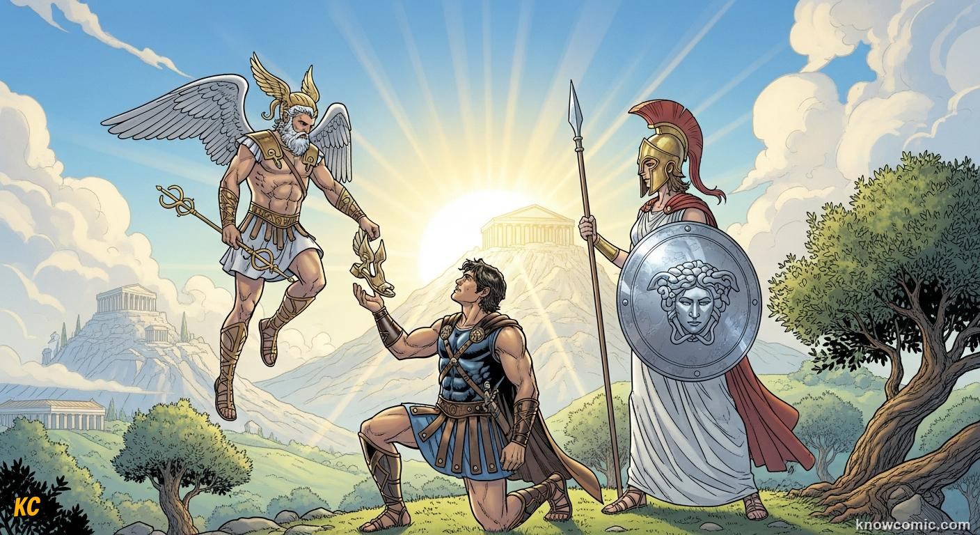 Hermes and Athena presenting Perseus with divine gifts for his quest