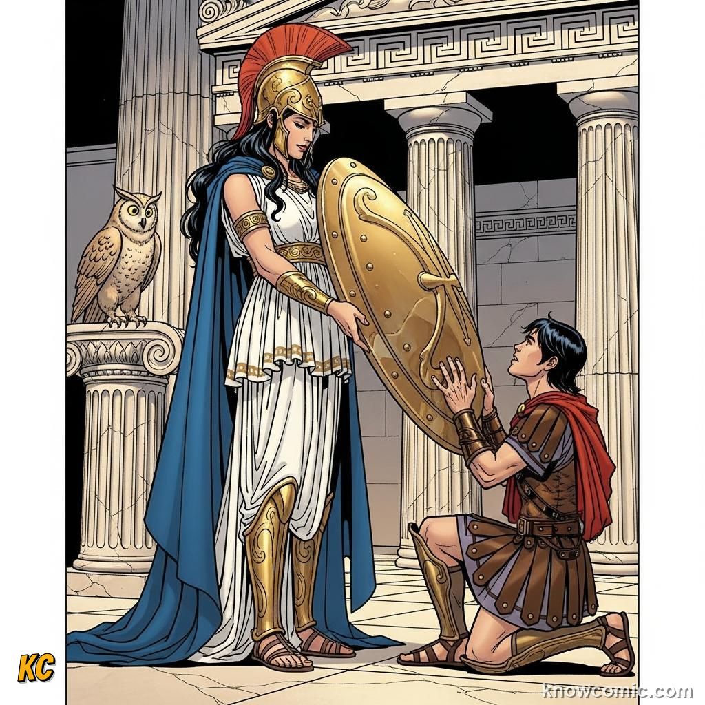 Athena giving Perseus a polished mirrored shield for protection
