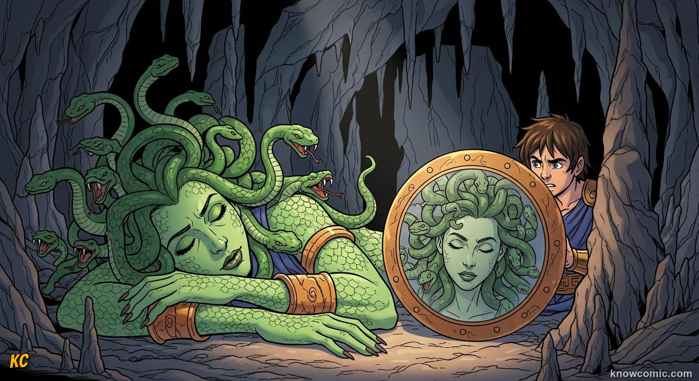 Medusa with snake hair whose stone gaze fills the dark cave