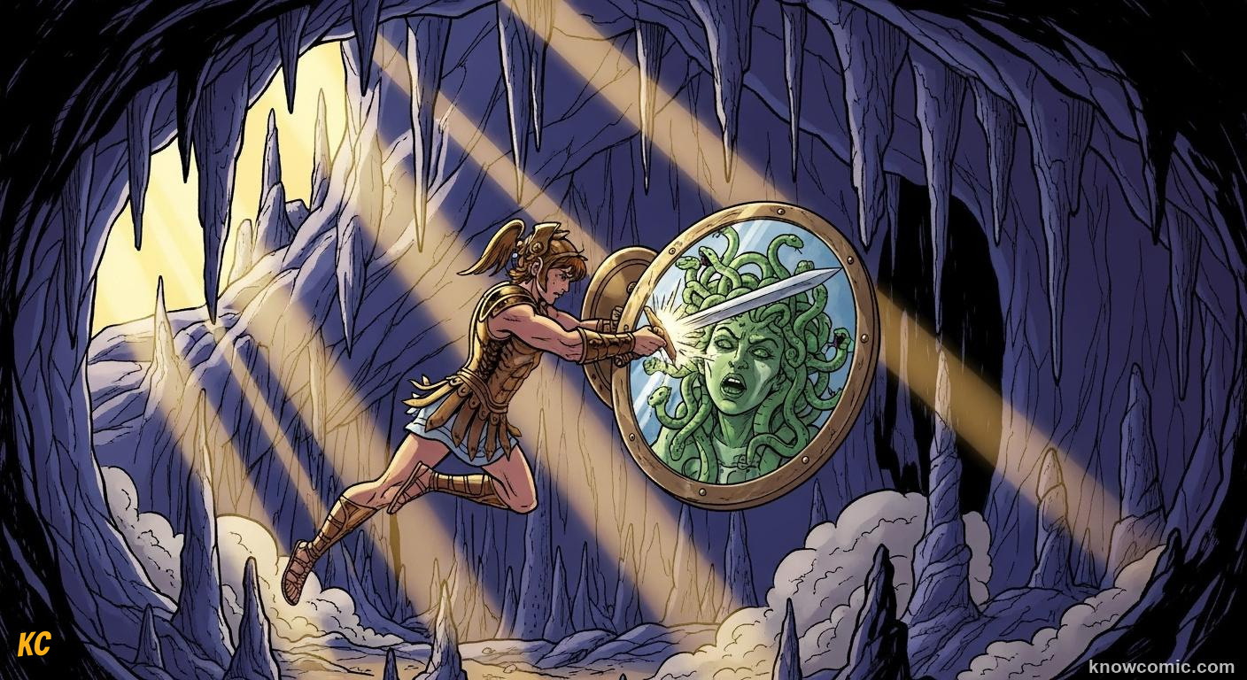 Perseus swinging the divine sickle in one strike to behead Medusa
