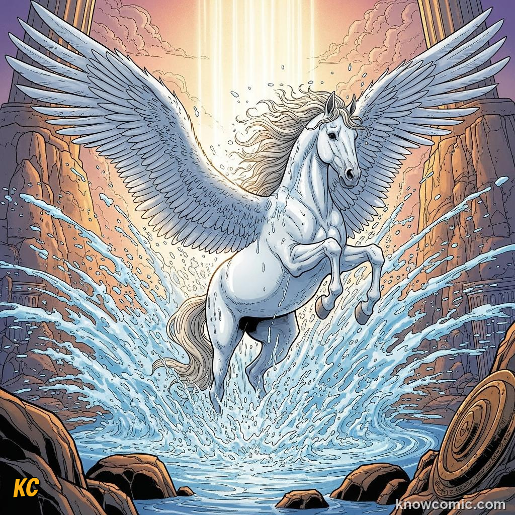 The winged horse Pegasus born from Medusa's spilled blood
