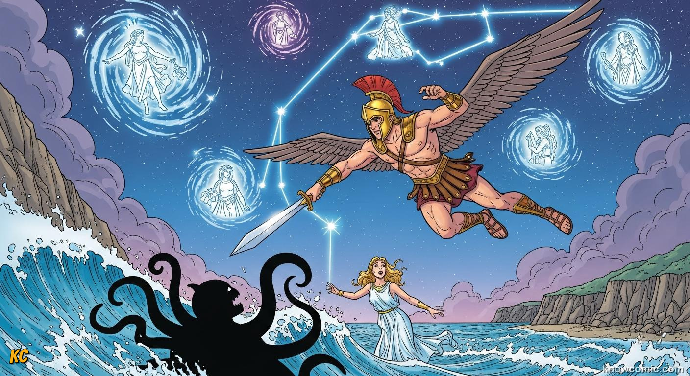 Perseus rescuing Andromeda with Athena watching as part of his legacy