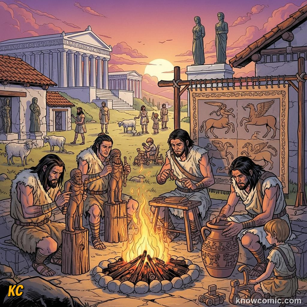 Early humans discovering fire and warmth for the first time