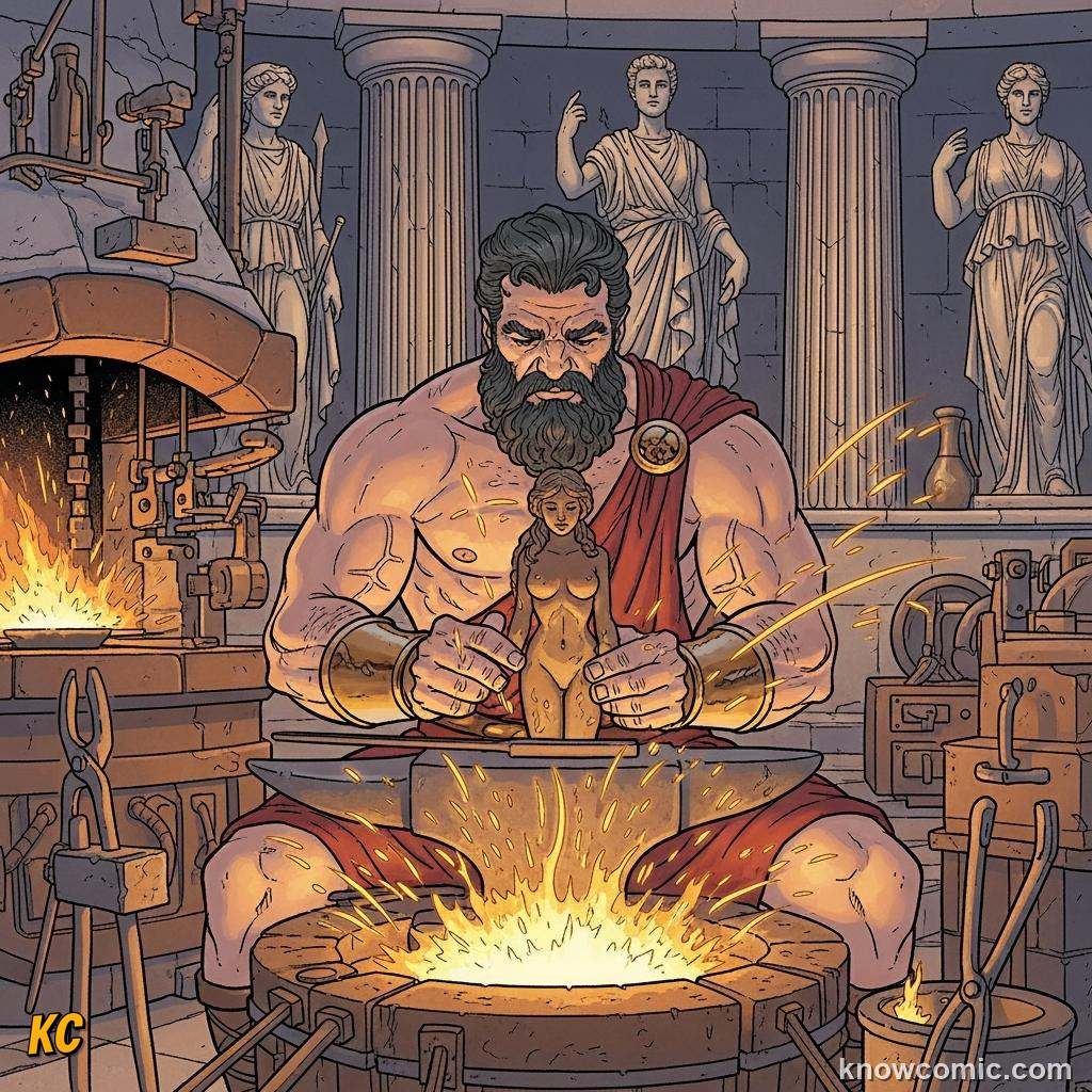 Hephaestus the forge god molding a lifelike figure from clay